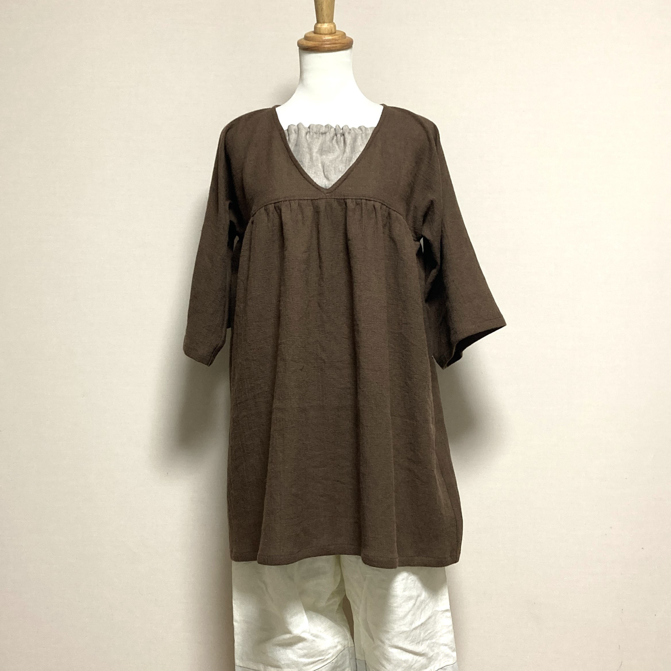 大人ガーリーチュニック◆【ラフクロス　チョコレート】ハーフリネン◆フリーサイズ