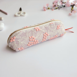 \\母の日ギフトに//ぷくまる刺繍のメガネケース/ペンケース/ロングポーチ|桜ピンク　さくら 11枚目の画像