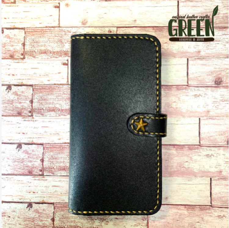 訳あり／現品限り　iPhone14 plus対応　栃木レザーブラック　星スタッズ付きマグネットベルト　本革　手帳型