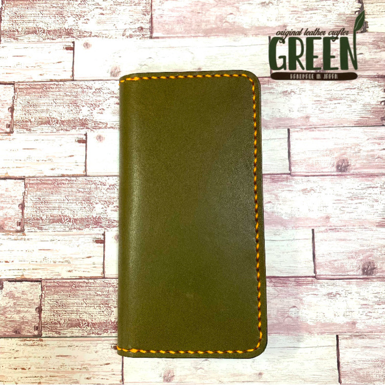 訳あり/現品限り　栃木レザー　iPhone 13pro対応　スマホケース　オリーブグリーン　2枚ポケット　本革　手帳型