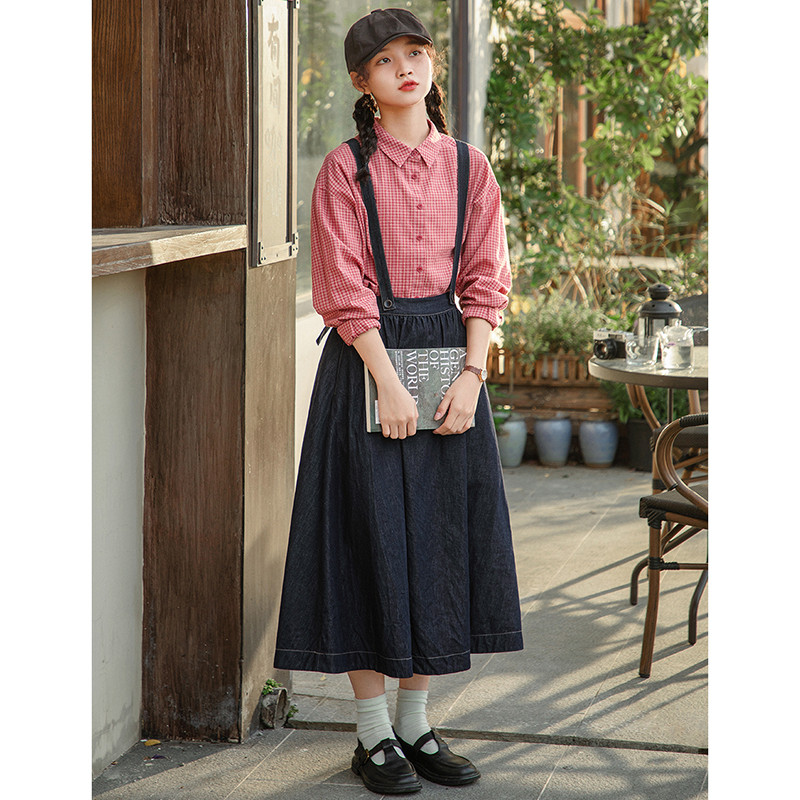 デニムスカート　肩紐付きスカート　サロペットワンピース　ブルー　S-Mサイズ　S398