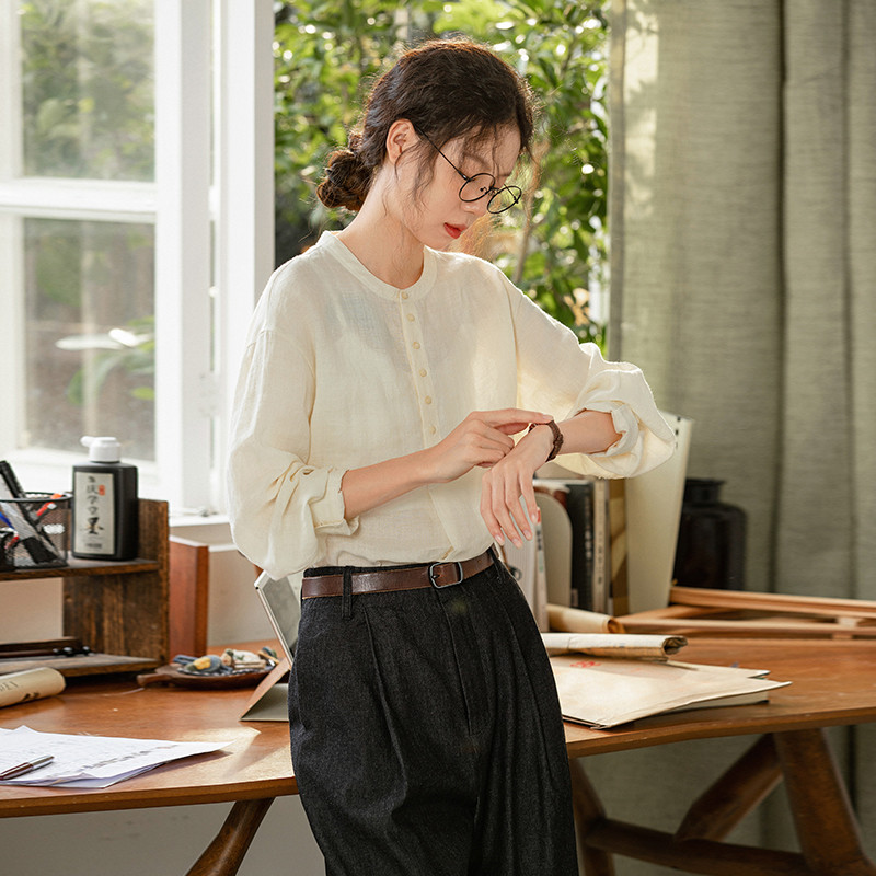 100%リネンシャツ　丸襟長袖リネンシャツ　生成りとピンク2色　S-Mサイズ　S399