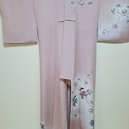 ワンタッチ着物 くらわん着物 正絹訪問着リメイク 青み桃色