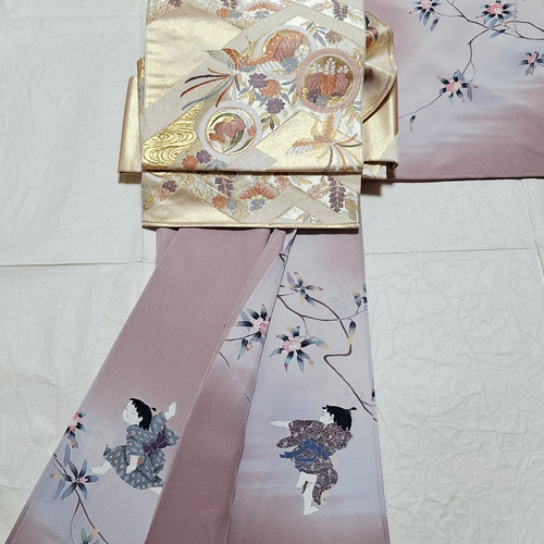 ワンタッチ着物 くらわん着物 正絹訪問着リメイク 青み桃色石楠花唐子