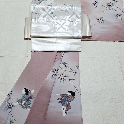 ワンタッチ着物 くらわん着物 正絹訪問着リメイク 青み桃色石楠花唐子