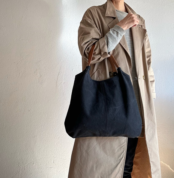 ヴィンテージ風帆布の角丸トートバッグ【革の持ち手・ブラック