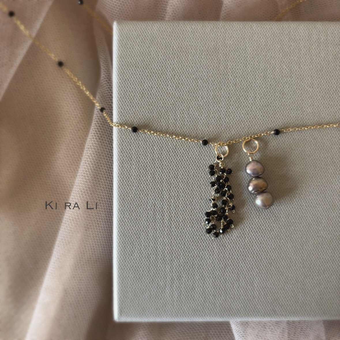 送料無料　14KGF スピネルのステーションネックレス　パールとスピネルのチャーム付
