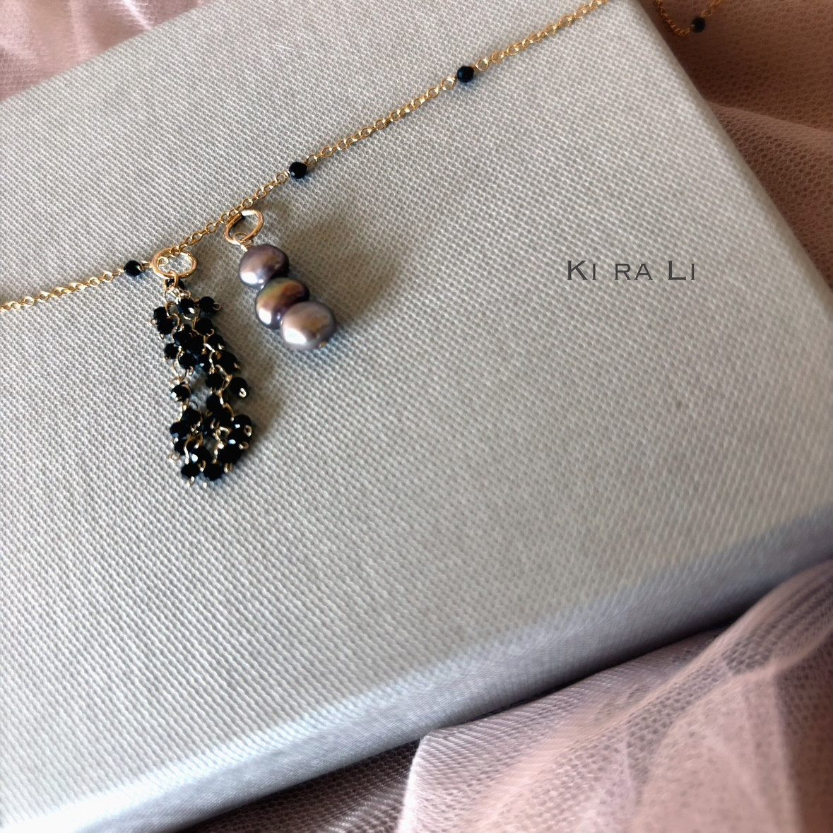 送料無料　14KGF スピネルのステーションネックレス　パールとスピネルのチャーム付