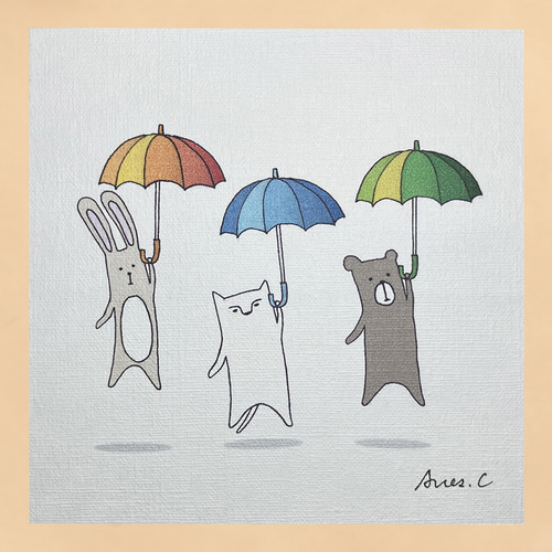 イラスト しろねことうさぎとくま 「かさ」 イラスト Aries Create