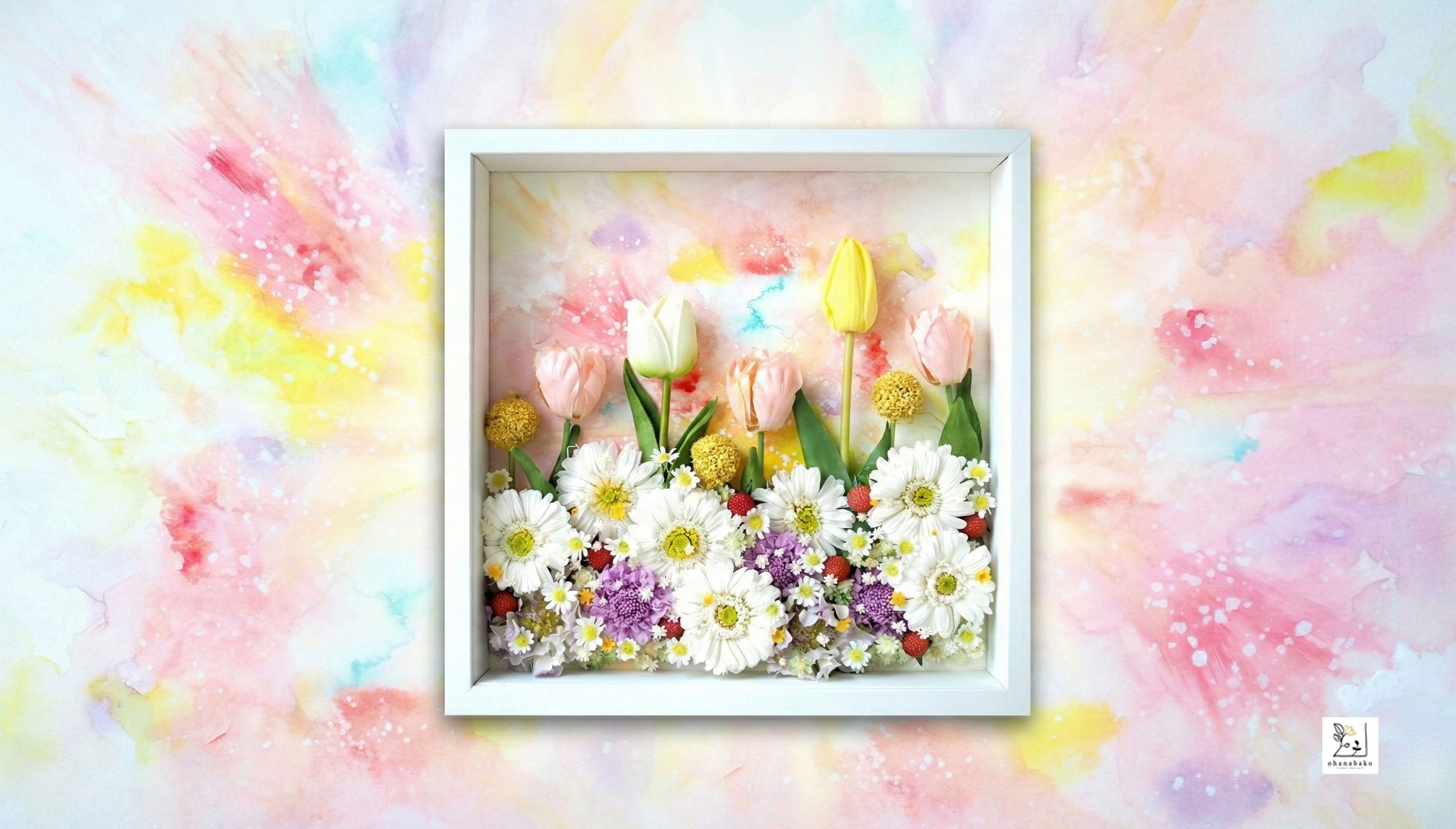 《特別な日のお祝い・誕生日・サロン飾り》プリザーブドフラワードライフラワーと水彩画のミクストメディアフレーム　春色の花畑