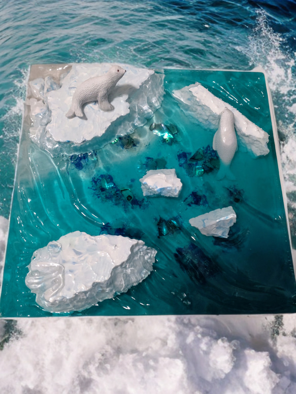 ※新作※レジンアート（ペンギン達とアザラシ） アザラシ レジン アート 波 立体 北極 氷河 流氷 温暖化 立体