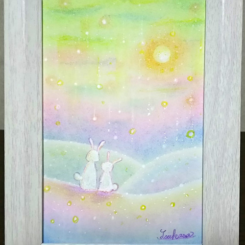 子供の絵-パステル パステルアート 白うさぎ親子の雪見景色 パステル画原画 絵画 T's Arts