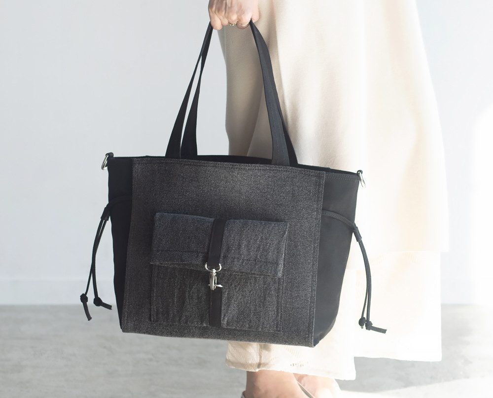 2WAYトートバッグ｜ファスナー付き【ブラックウォッシュドデニムｘブラック帆布】大容量A4対応｜ショルダー・斜めがけOK