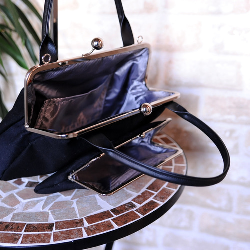 25cm口金使用☆ダブルがま口バッグ☆2WAYハンド＆ショルダーバッグ