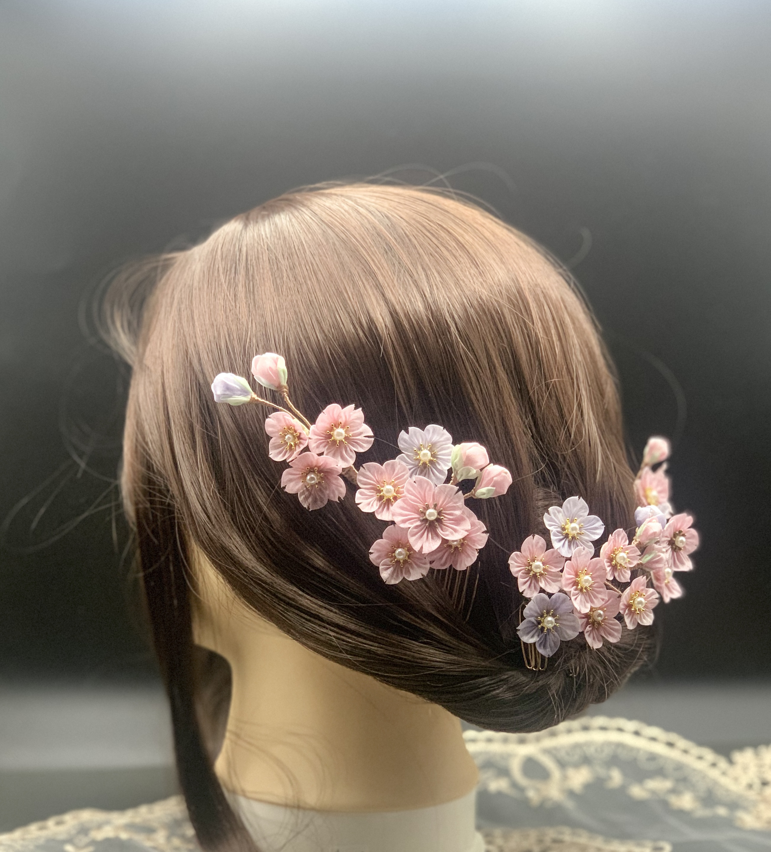 ≪訳あり≫つまみ細工　髪飾り　正絹　桜　花かんざし　ピンク×ラベンダー｜成人式髪飾り　振袖　卒業式　袴　結婚式