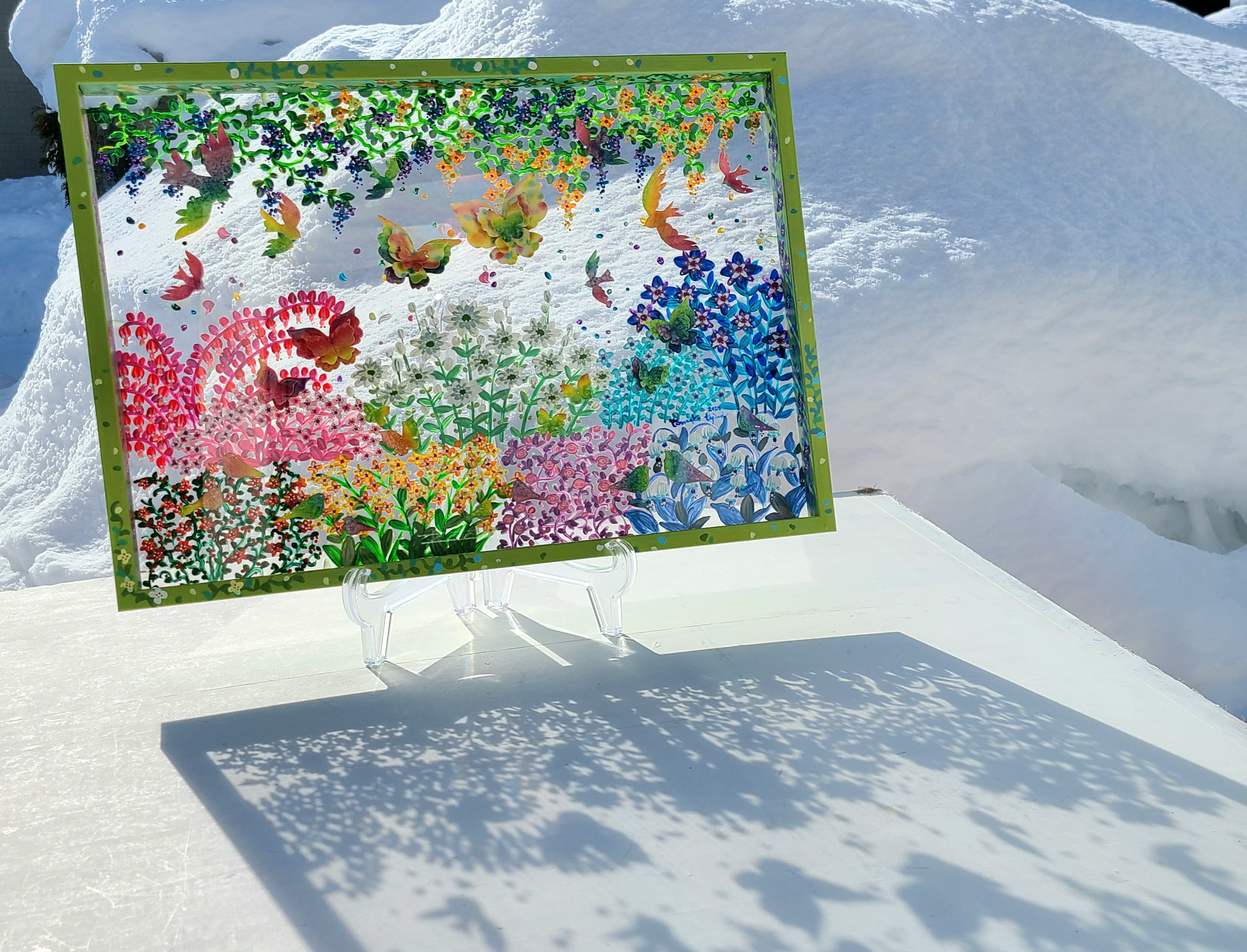 【受注生産/透明アート原画】花庭散歩~黄緑×にじいろ蝶々と鳥たち~　クリアBOX　B3