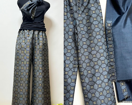 股下72.5cm大島紬＊幾何学柄ワイドパンツ＋ストール＊裏地付き＊着物