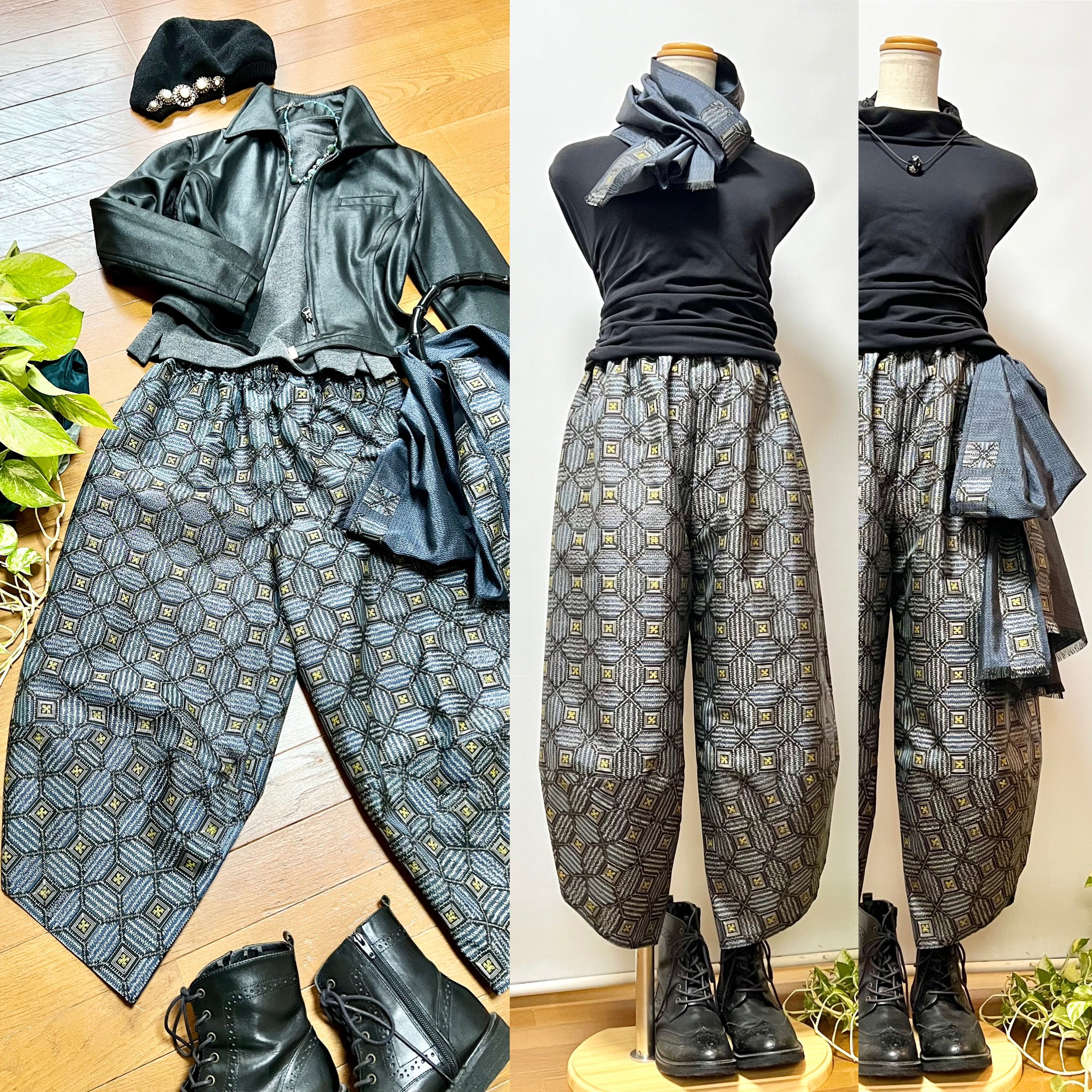 青菱＊大島紬サルエルパンツ＋ストール＊裏地付き＊着物リメイク