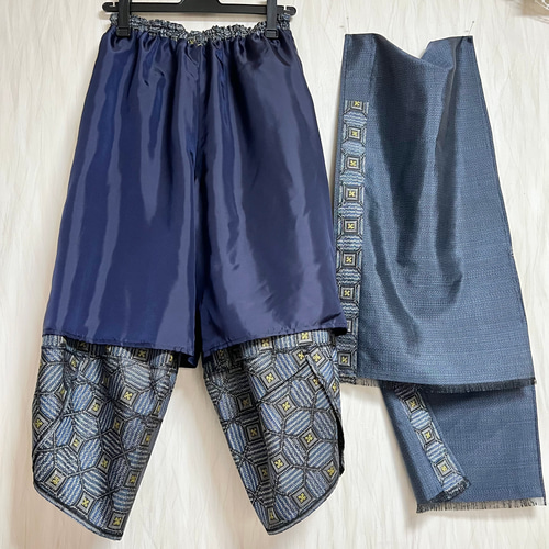 青菱＊大島紬サルエルパンツ＋ストール＊裏地付き＊着物リメイク