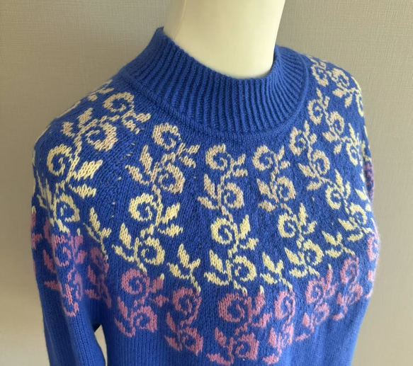 手編み 花柄セーター(青) カシミヤ100% ニット・セーター kuma1101  