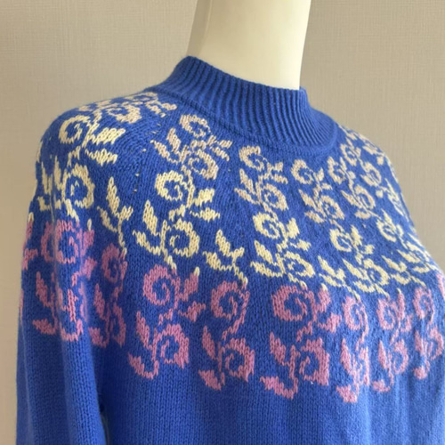 手編み 花柄セーター(青) カシミヤ100% ニット・セーター kuma1101