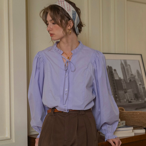 yori フリル付きパフスリーブ ブルーグレーシャツ