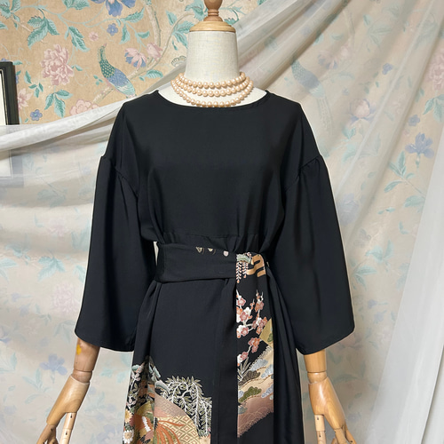 ベルスリーブ 黒留袖ドレス＆ストール 友禅染め ハンドメイド 着物