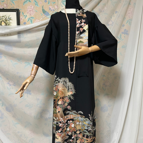 ベルスリーブ 黒留袖ドレス＆ストール 友禅染め ハンドメイド 着物