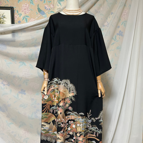 ベルスリーブ 黒留袖ドレス＆ストール 友禅染め ハンドメイド 着物