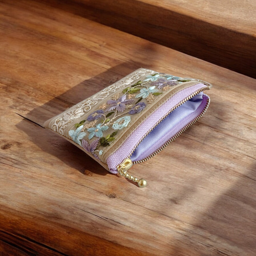 スミレ/インド刺繍×帆布☆キーホルダー付きフラットポーチ/マルチ