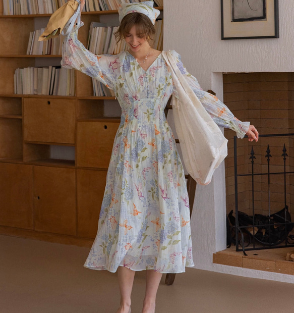 春呼ぶフラワー　Vネック美シルエットロングワンピース　ウエストリボン　ポケット付き【春秋夏】 11枚目の画像