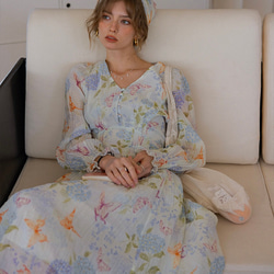 春呼ぶフラワー　Vネック美シルエットロングワンピース　ウエストリボン　ポケット付き【春秋夏】 2枚目の画像