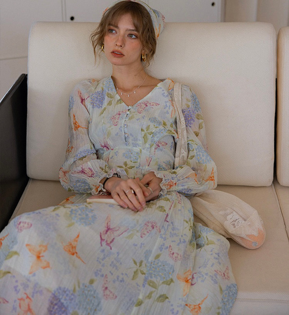 春呼ぶフラワー　Vネック美シルエットロングワンピース　ウエストリボン　ポケット付き【春秋夏】 2枚目の画像