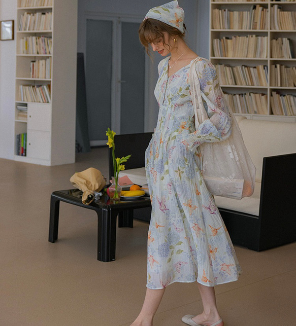 春呼ぶフラワー　Vネック美シルエットロングワンピース　ウエストリボン　ポケット付き【春秋夏】 14枚目の画像