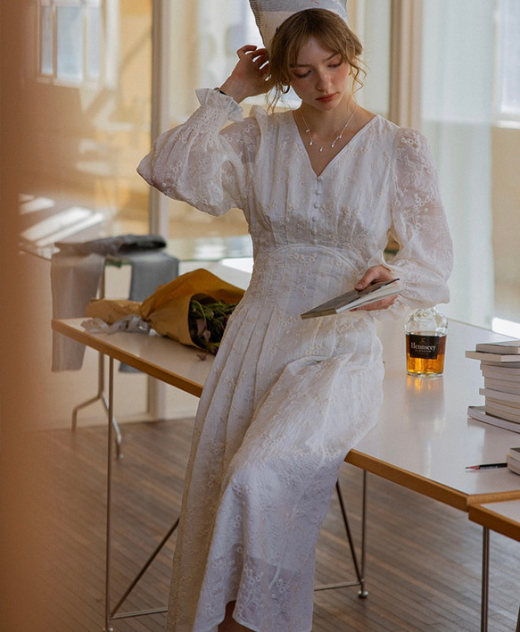 春呼ぶフラワー　Vネック美シルエットロングワンピース　ウエストリボン　ポケット付き【春秋夏】 8枚目の画像