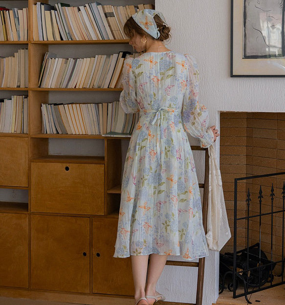 春呼ぶフラワー　Vネック美シルエットロングワンピース　ウエストリボン　ポケット付き【春秋夏】 12枚目の画像