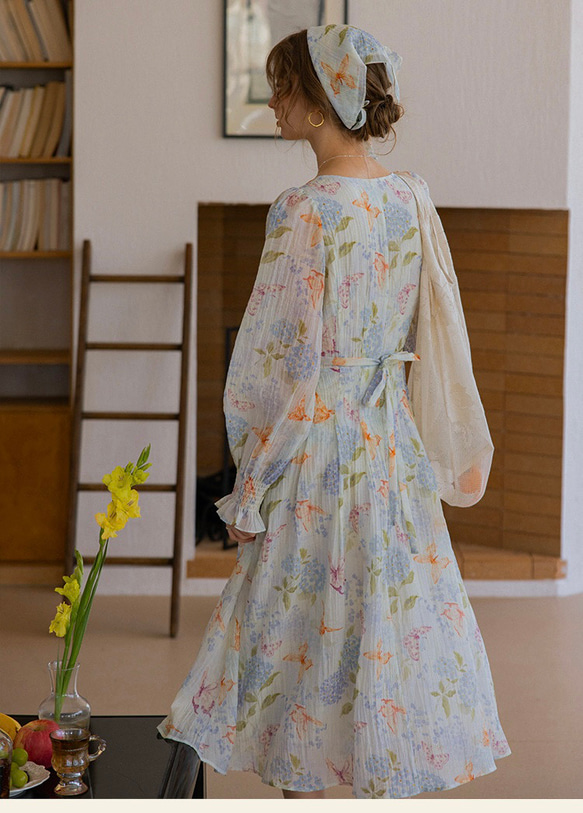 春呼ぶフラワー　Vネック美シルエットロングワンピース　ウエストリボン　ポケット付き【春秋夏】 3枚目の画像