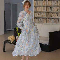 春呼ぶフラワー　Vネック美シルエットロングワンピース　ウエストリボン　ポケット付き【春秋夏】 1枚目の画像