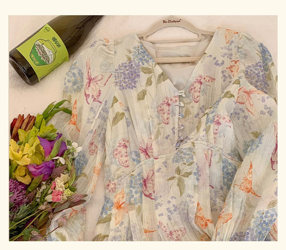 春呼ぶフラワー　Vネック美シルエットロングワンピース　ウエストリボン　ポケット付き【春秋夏】 4枚目の画像