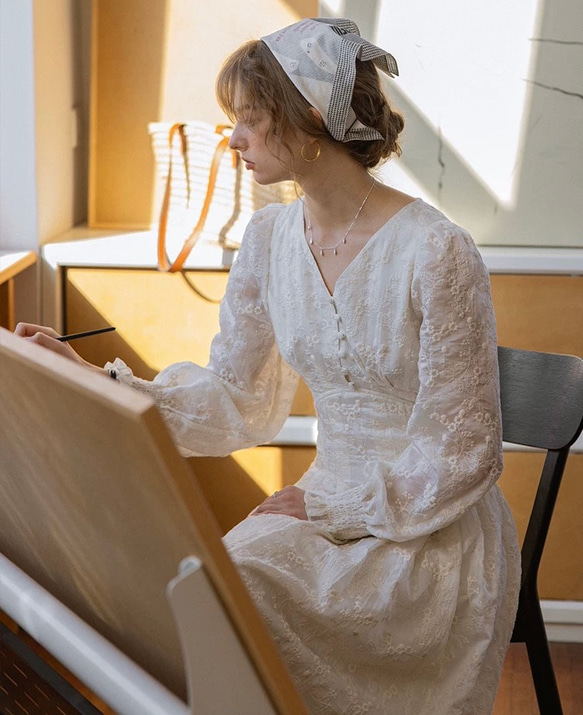 春呼ぶフラワー　Vネック美シルエットロングワンピース　ウエストリボン　ポケット付き【春秋夏】 10枚目の画像