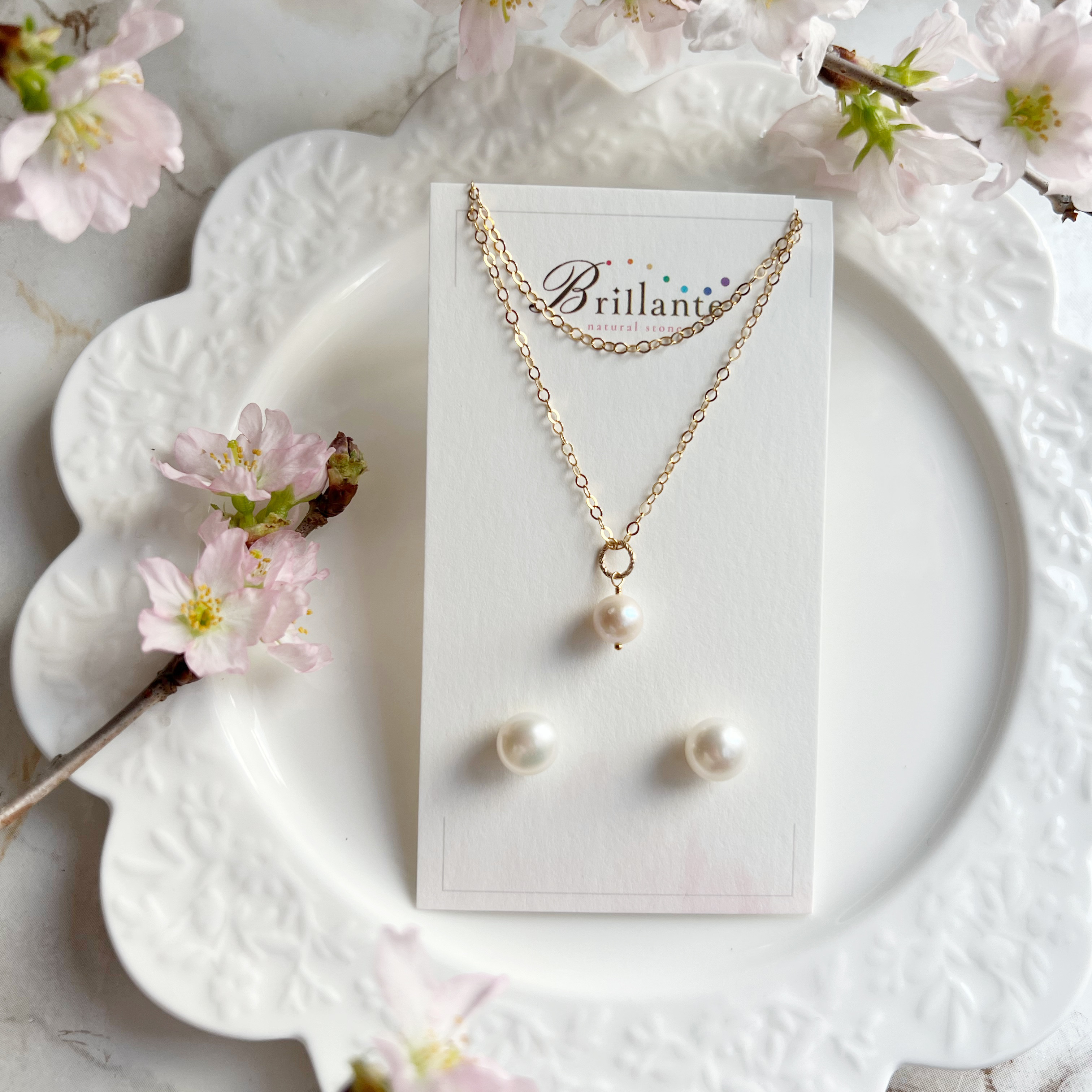 14KGF 淡水パール スタットピアス＆ネックレスセット