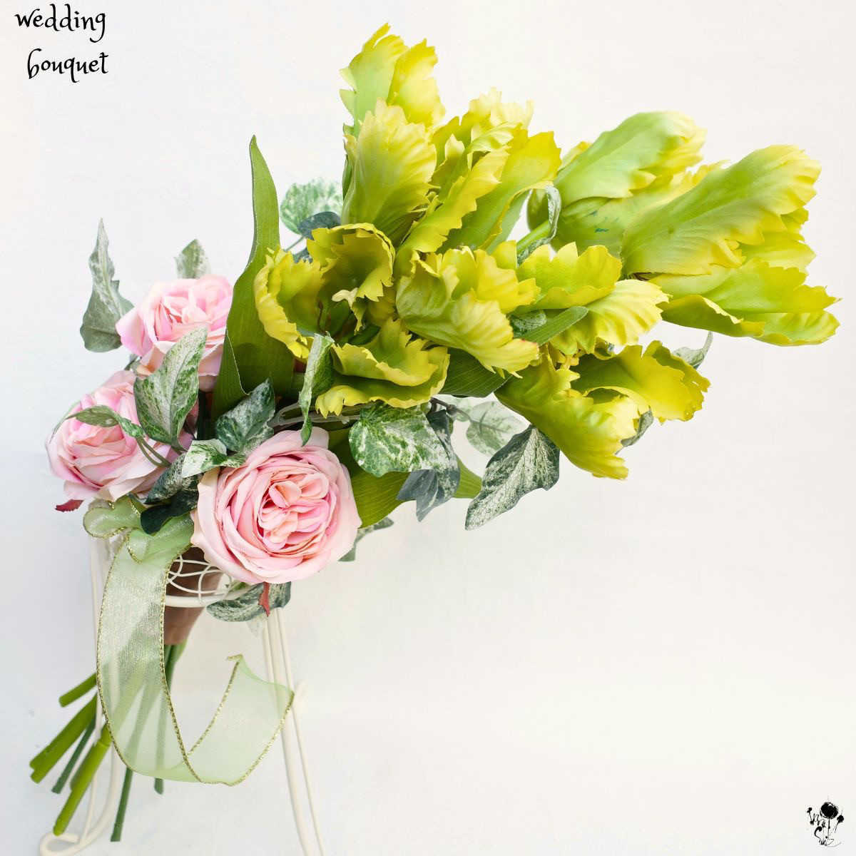 【 1点もの 】パーロット咲チューリップ アームブーケ 春 おしゃれ ウェディングブーケ 造花ブーケ ブートニアセット