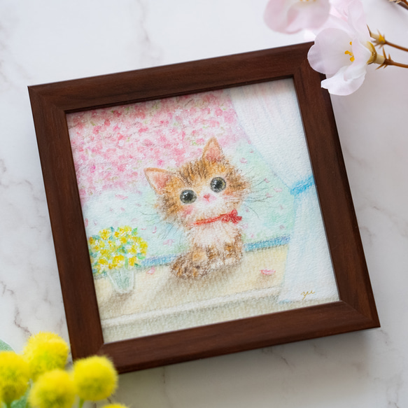 原画・10cmフレーム付き】「春の窓際」 パステルアート ねこ