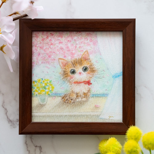 原画・10cmフレーム付き】「春の窓際」 パステルアート ねこ