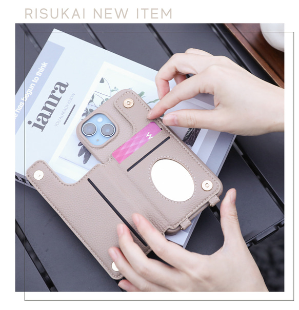 多機種対応 スマホケース ショルダー 格子柄レザー カード入れ ストラップ ミラー付き 5色 かわいい b004-07 2枚目の画像