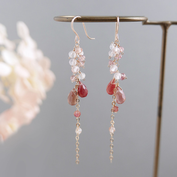 アンデシンと天然石のロングピアス　14kgf 4枚目の画像