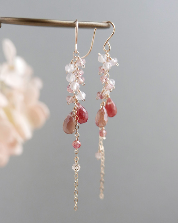 アンデシンと天然石のロングピアス　14kgf 5枚目の画像