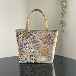 帯リメイクバッグ 鶴と花々 丸帯 トートバッグ 和装バッグ 帯
