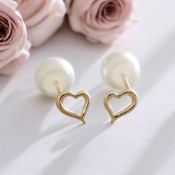 K10 可愛迷你心型耳環/耳環，珍珠背，金色，雙向 第2張的照片