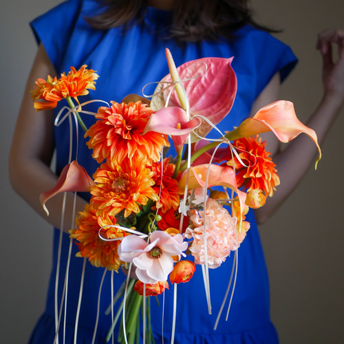 韓国ブーケ 造花ブーケ ウェディングブーケ オレンジブーケ アーティ